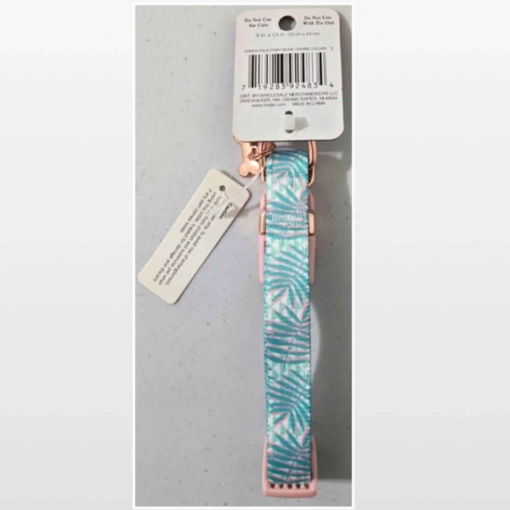New Dog Collar Small Adjustable Pet Animal Green Tropical Leaves Pink NWT